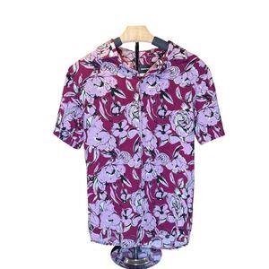 Original Use Men's Floral Print Short Sleeve Button Up Shirt Burgundy Pink XS